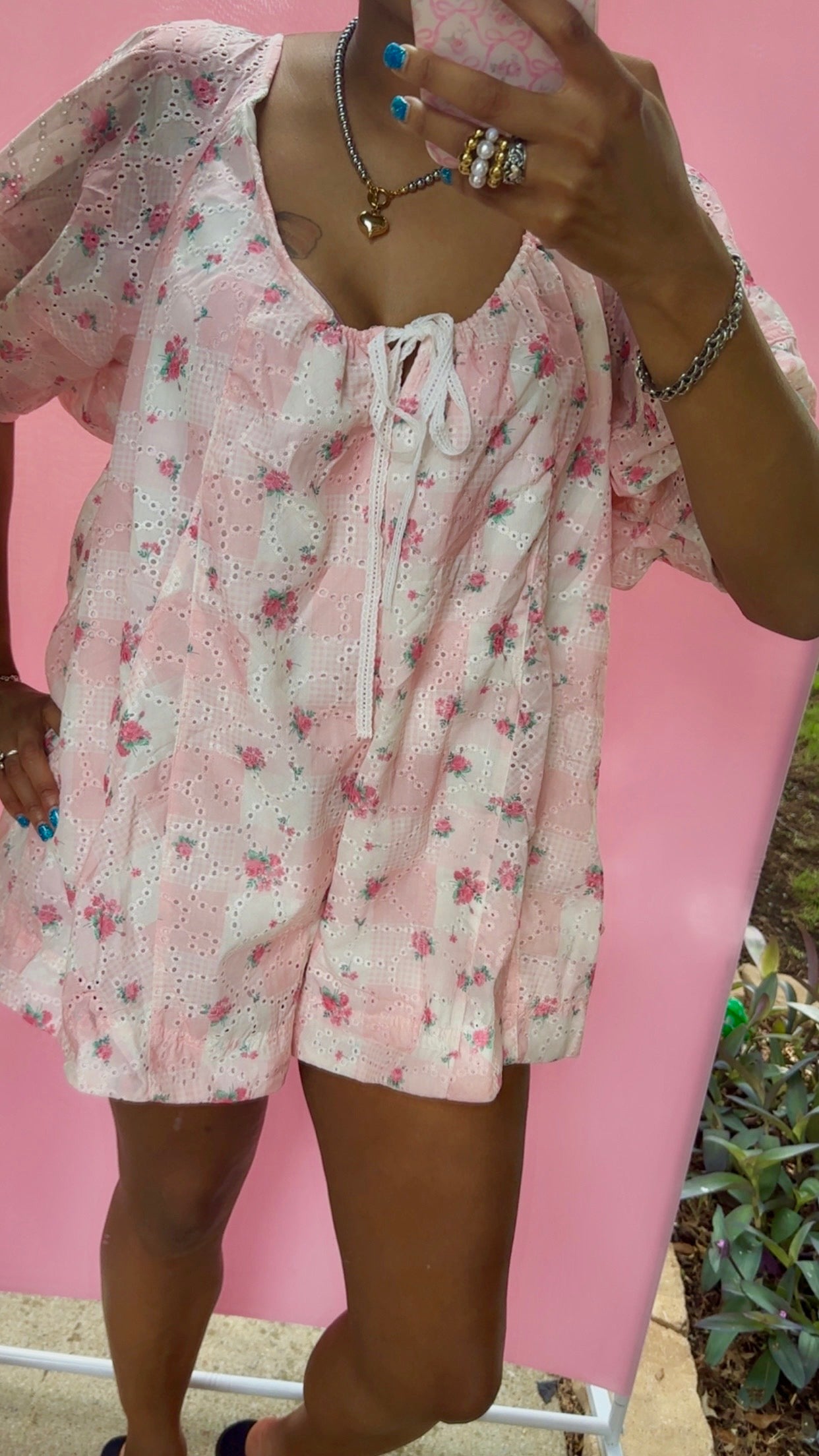 Light Pink Floral Gingham Eyelet Romper