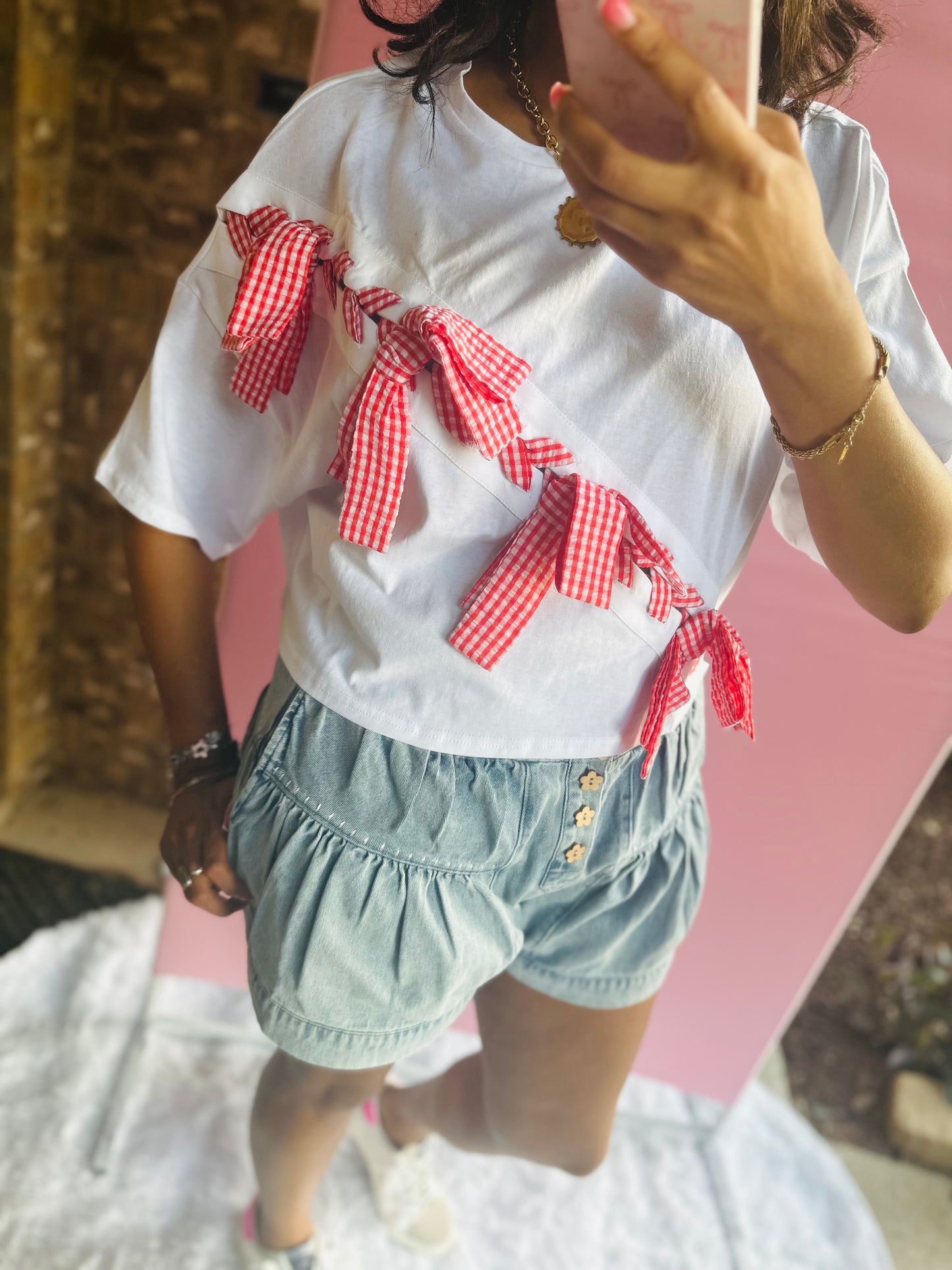 Lace Up Red Gingham Ribbon Top