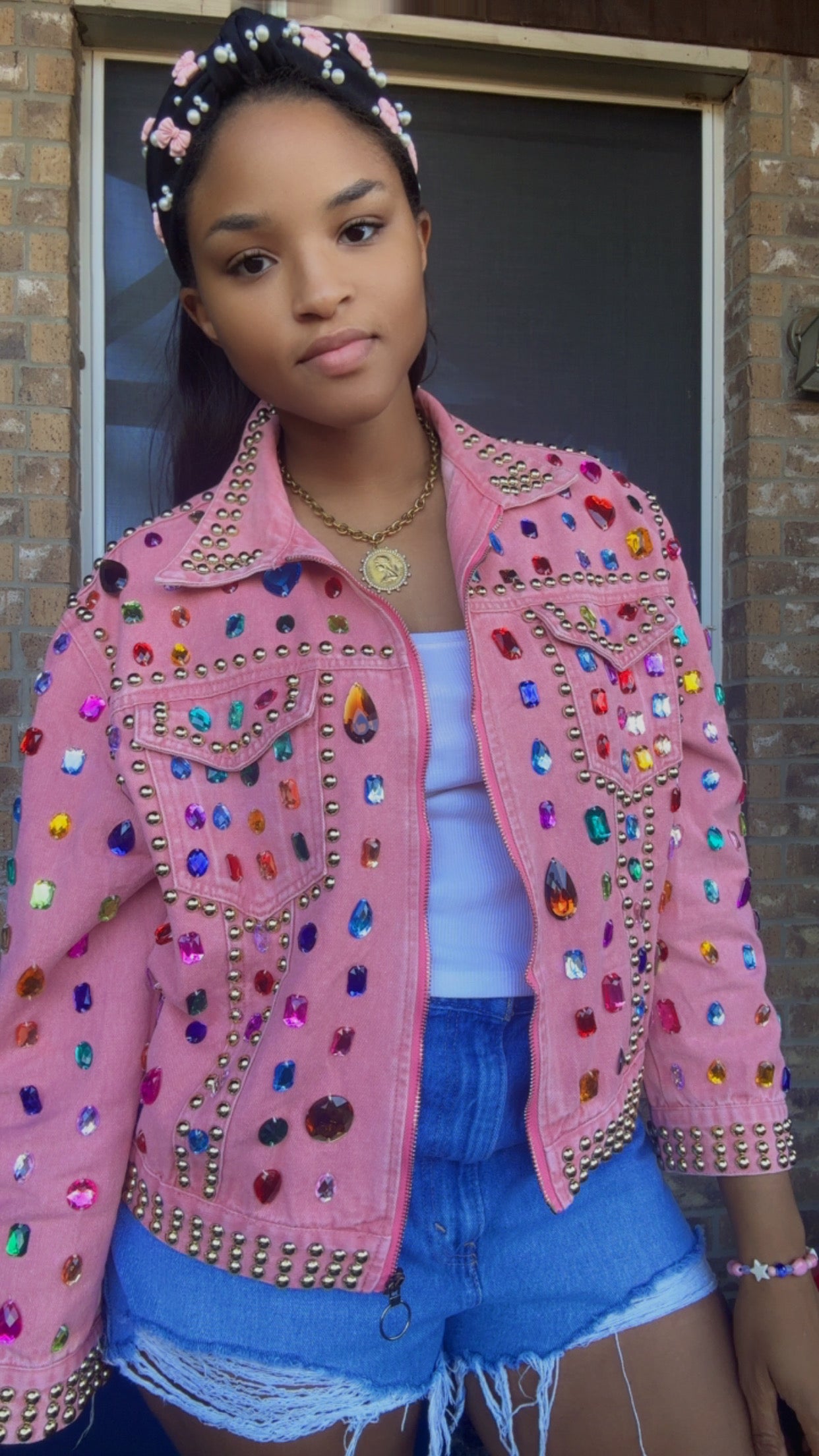 Pink Jeweled Mineral-Wash Denim Jacket