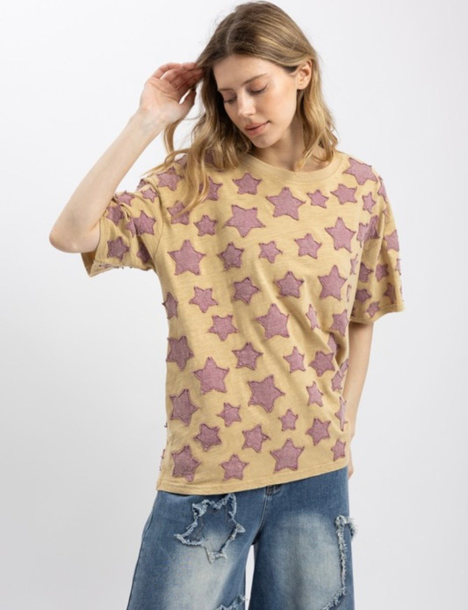 BlueVelvet Multi Size Star Patched Top in Taupe