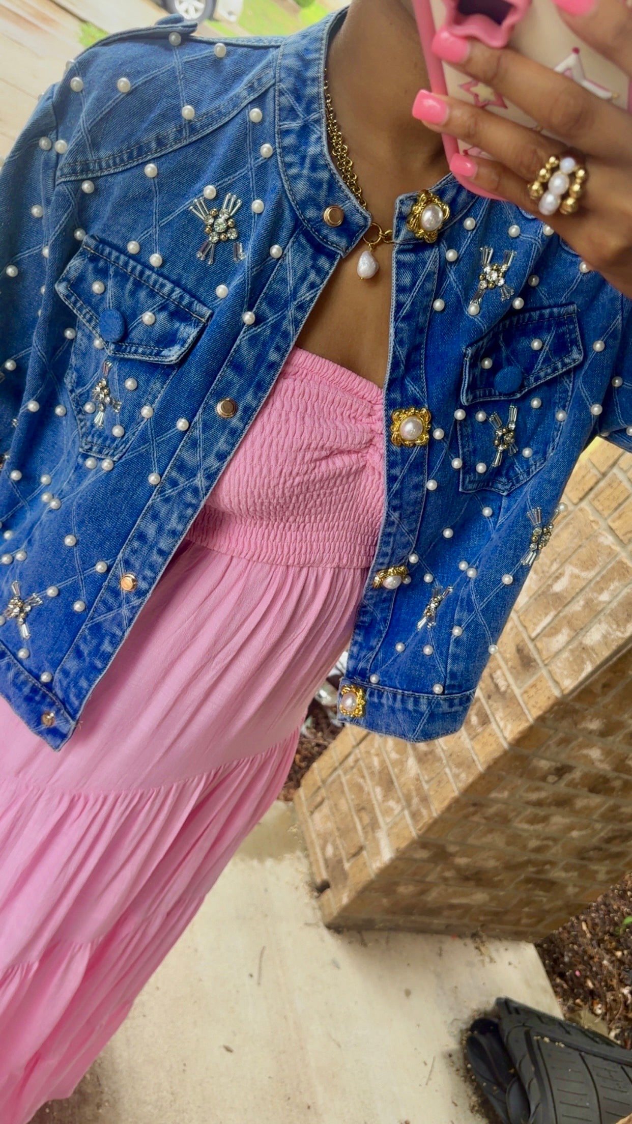 Pearl & Rhinestone Embellished Denim Jacket