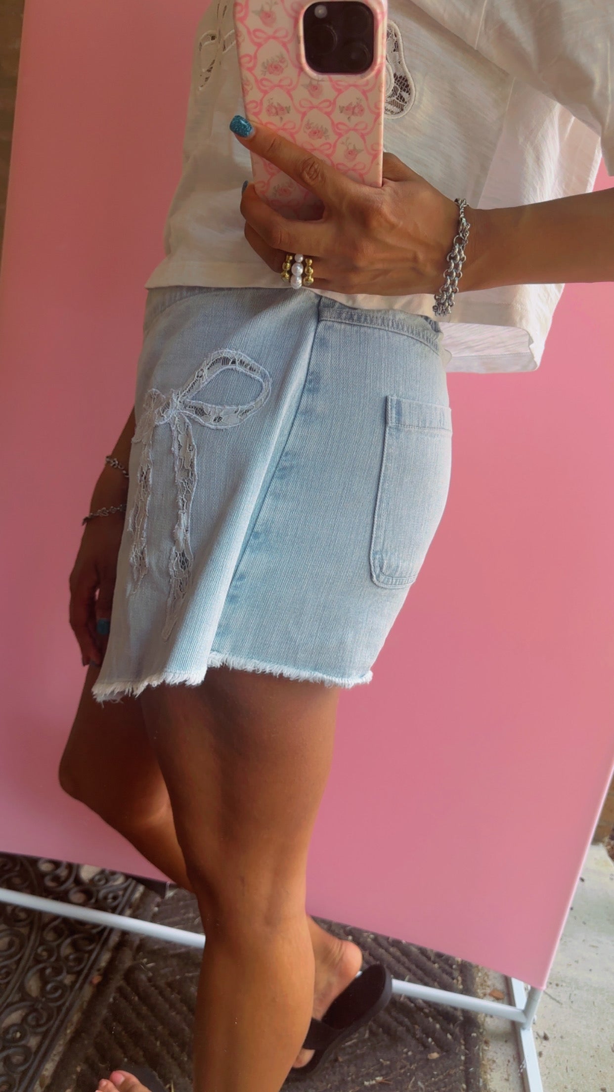 Washed Denim Bow Lace Motif Laser Cut Embroidery Detail Skort