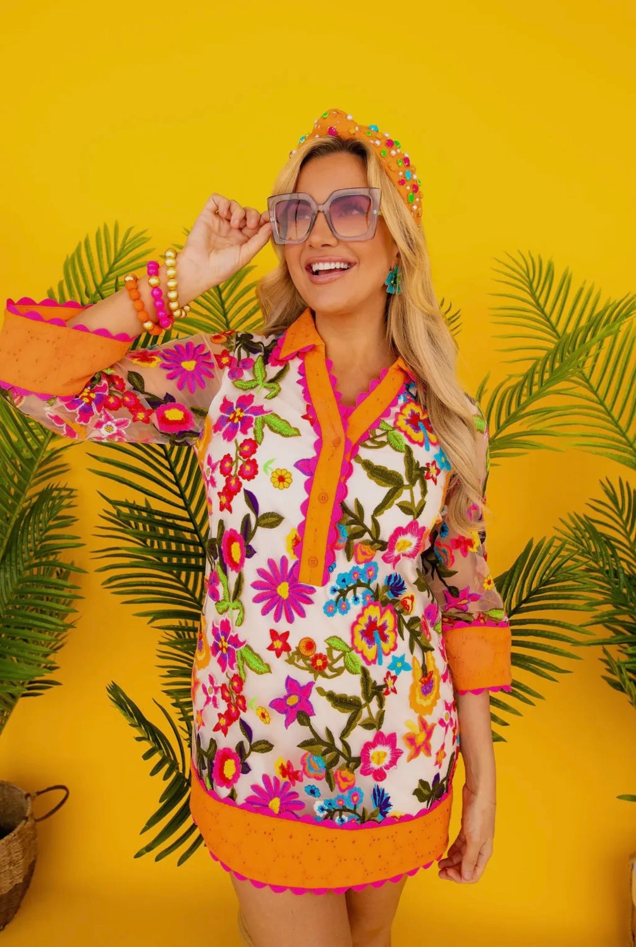Orange Floral Embroidered Shift Dress
