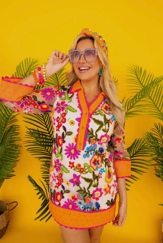 Orange Floral Embroidered Shift Dress