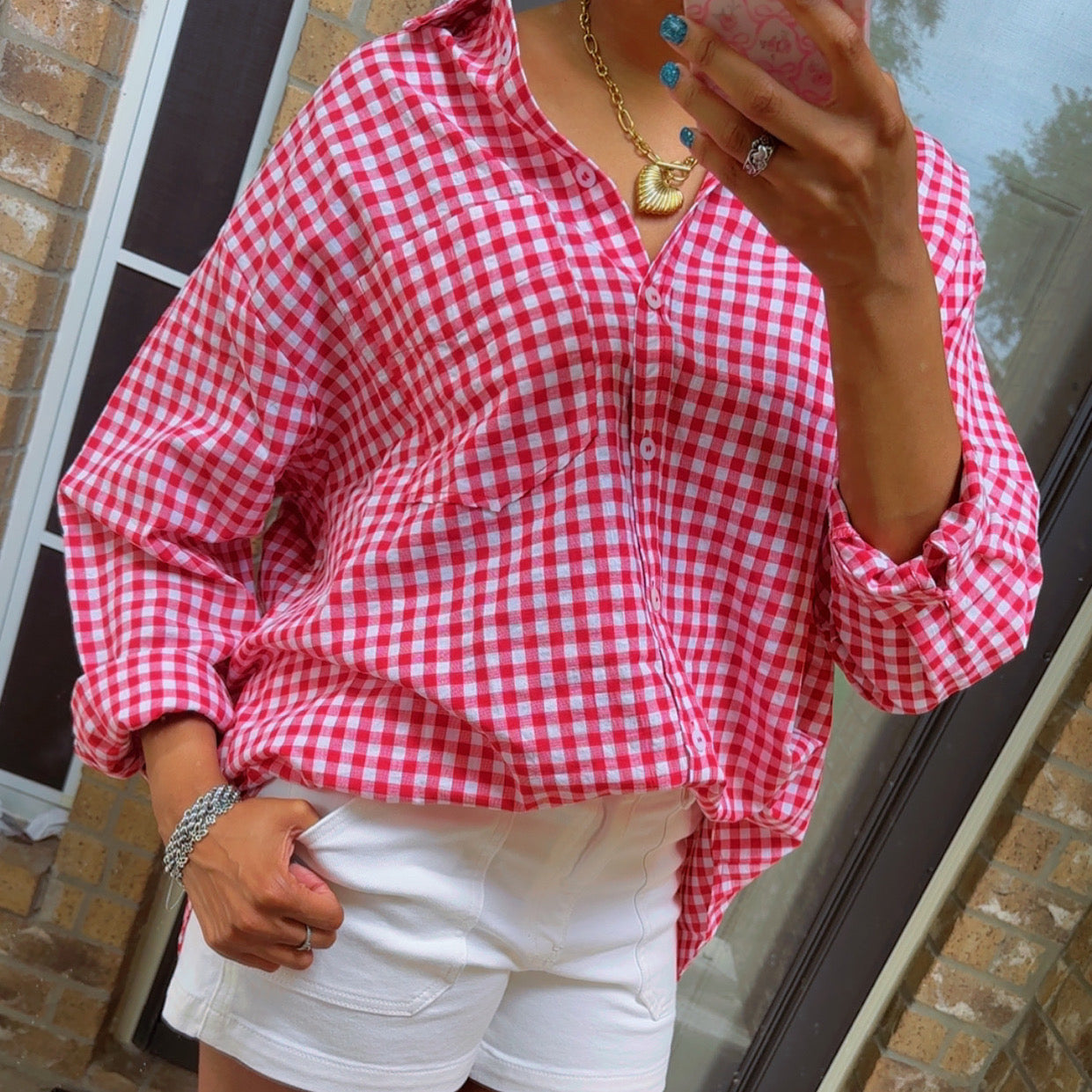 Red Gingham Long Sleeve Button Down Top