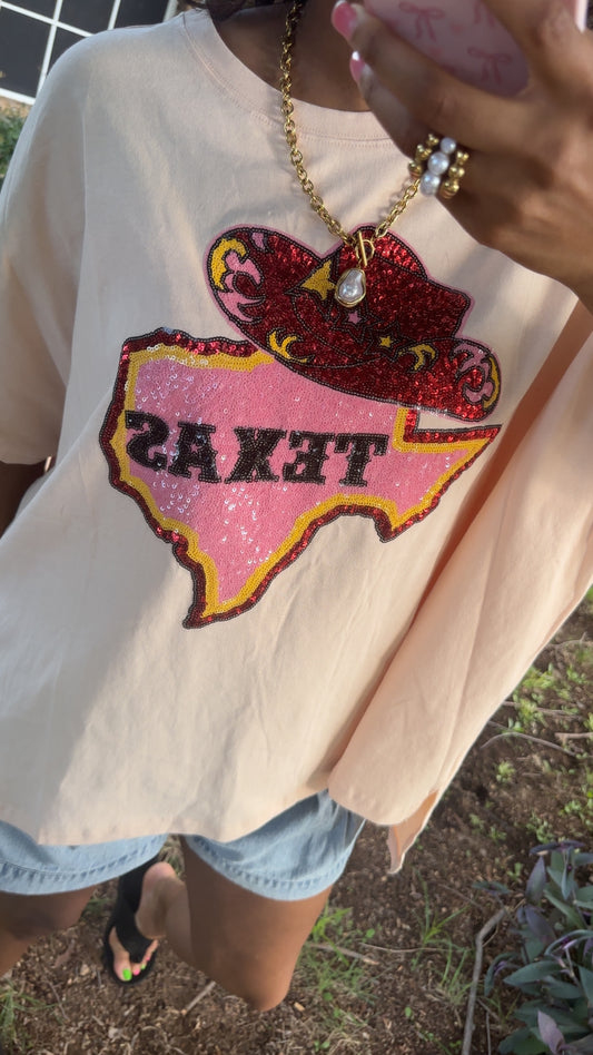 Texas Map & Cowboy Hat Sequins Short Sleeve Top