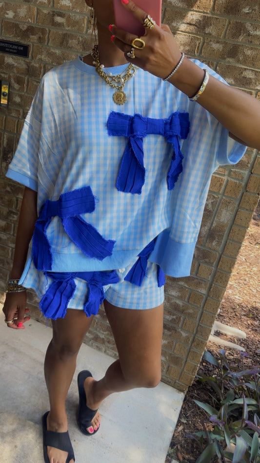 Blue Gingham Terry Denim Frayed Bow Detail TOP ONLY