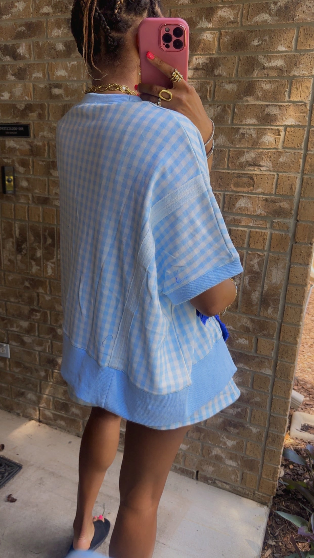 Blue Gingham Terry Denim Frayed Bow Detail TOP ONLY