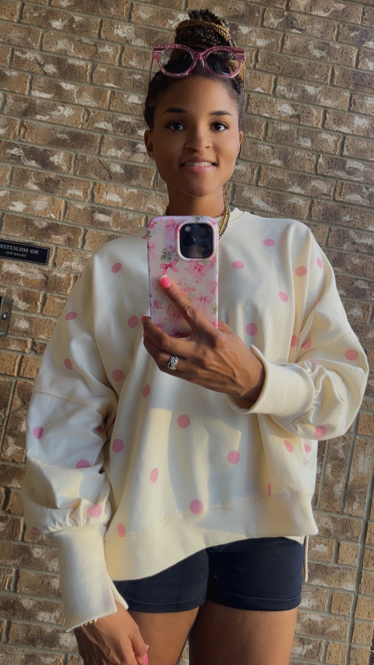 Ivory & Pink Polka Dot Print French Terry Oversized Sweatshirt