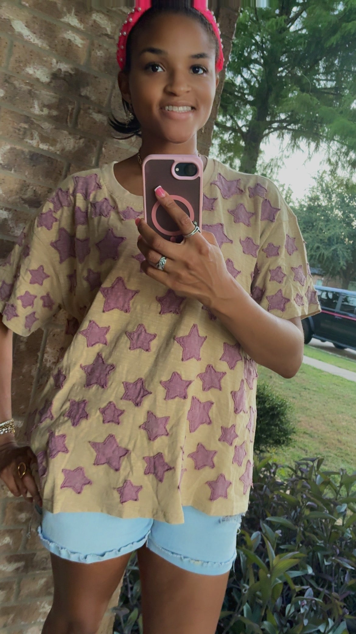 BlueVelvet Multi Size Star Patched Top in Taupe