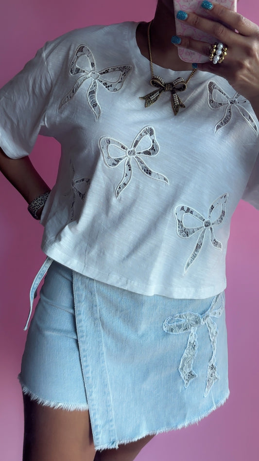 Bow Lace Laser Cut Embroidery Detail Short Sleeve Crop Tee
