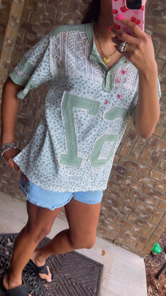 POL Number Floral Crochet Button Detail Half Sleeve Top