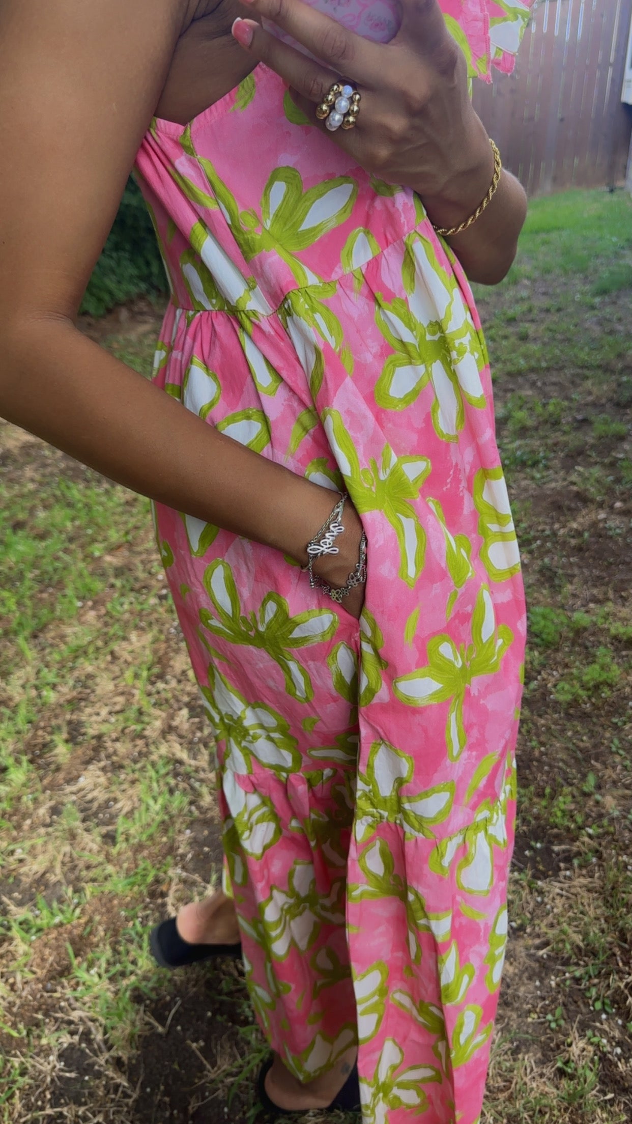 Pink & Green Floral Print Midi Dress Large Bow Detail
