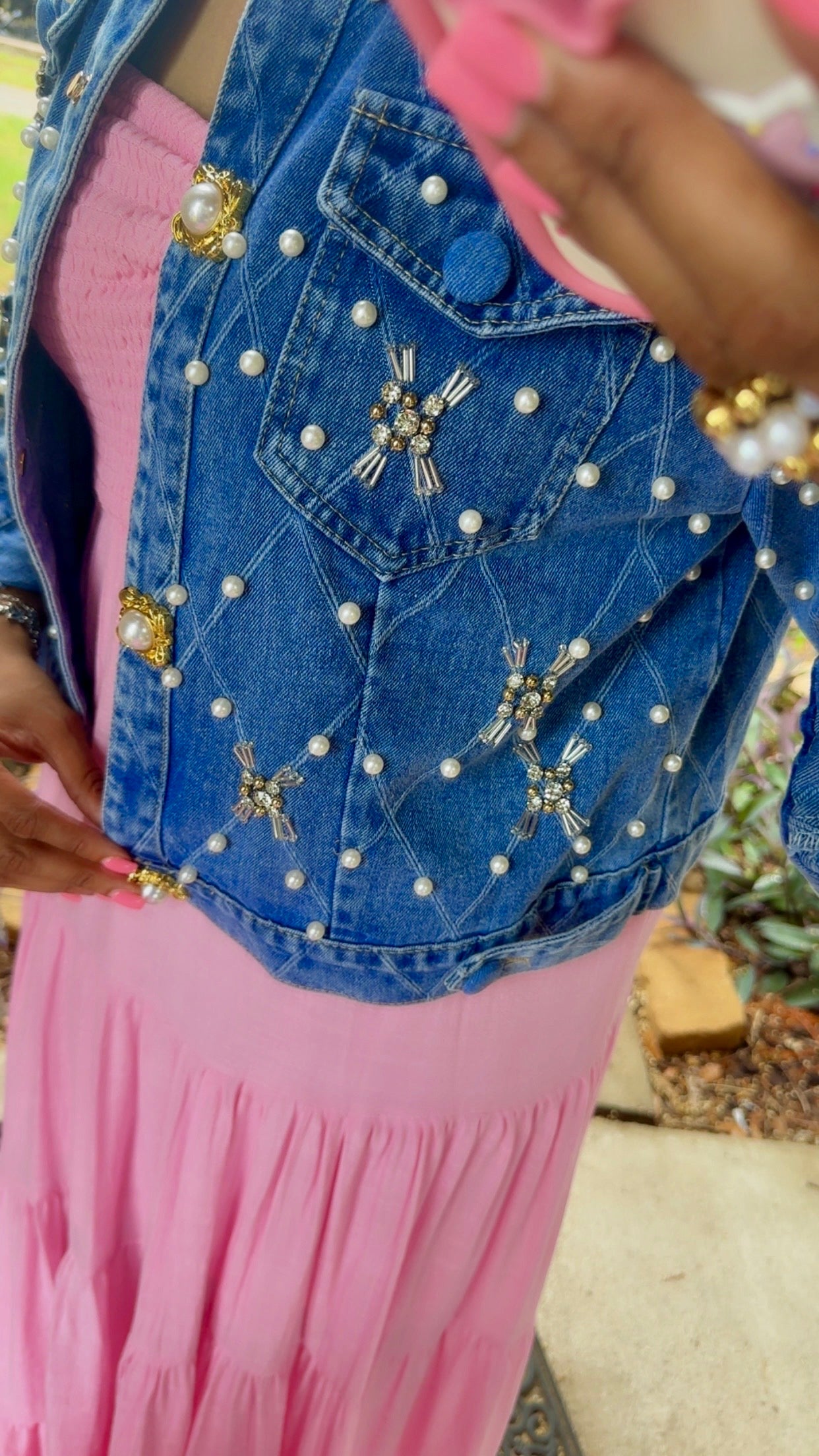 Pearl & Rhinestone Embellished Denim Jacket