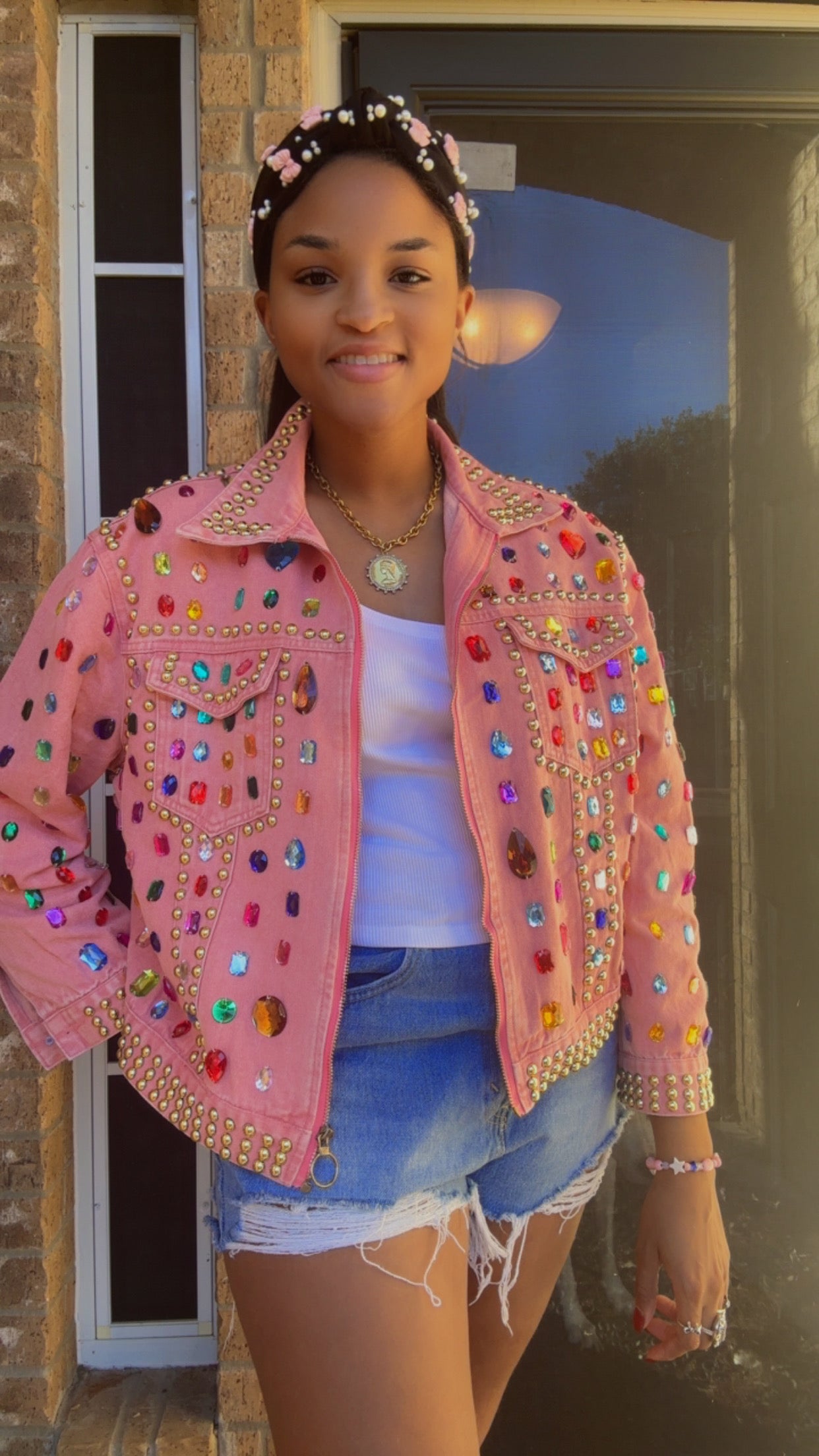 Pink Jeweled Mineral-Wash Denim Jacket