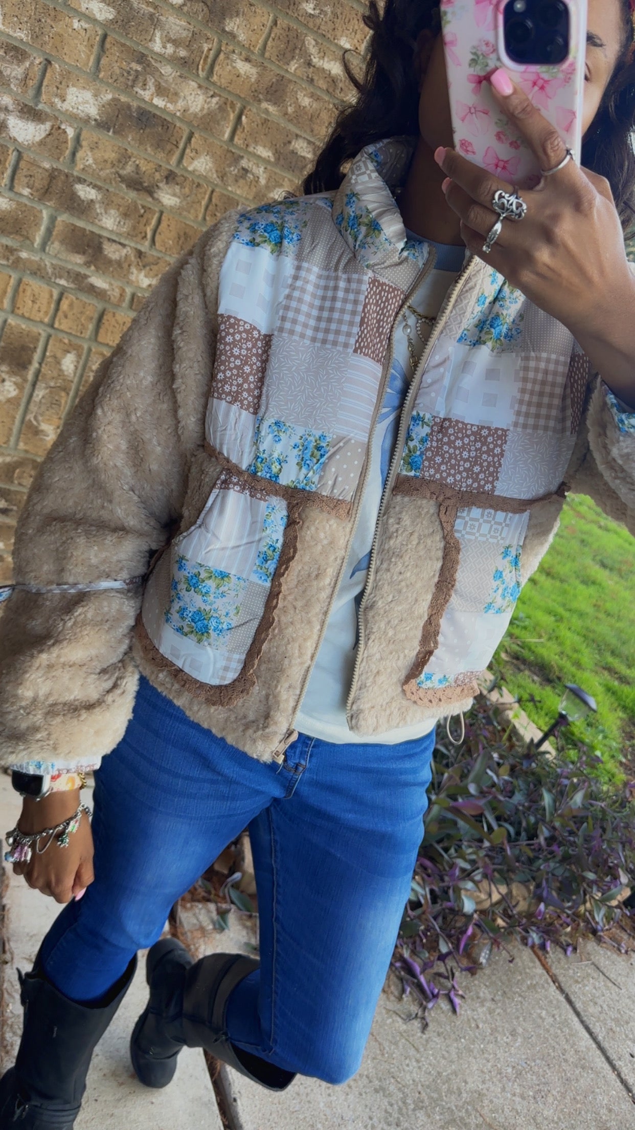 Boho Patchwork Sherpa Zip-Up Jacket