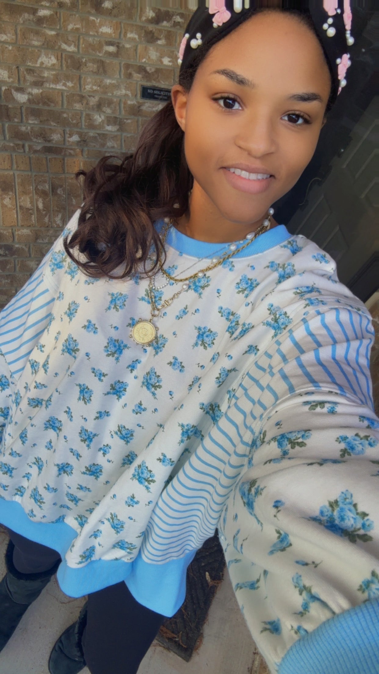 Blue Floral and Stripe Mixed French Terry Oversized Top – Pink Bow