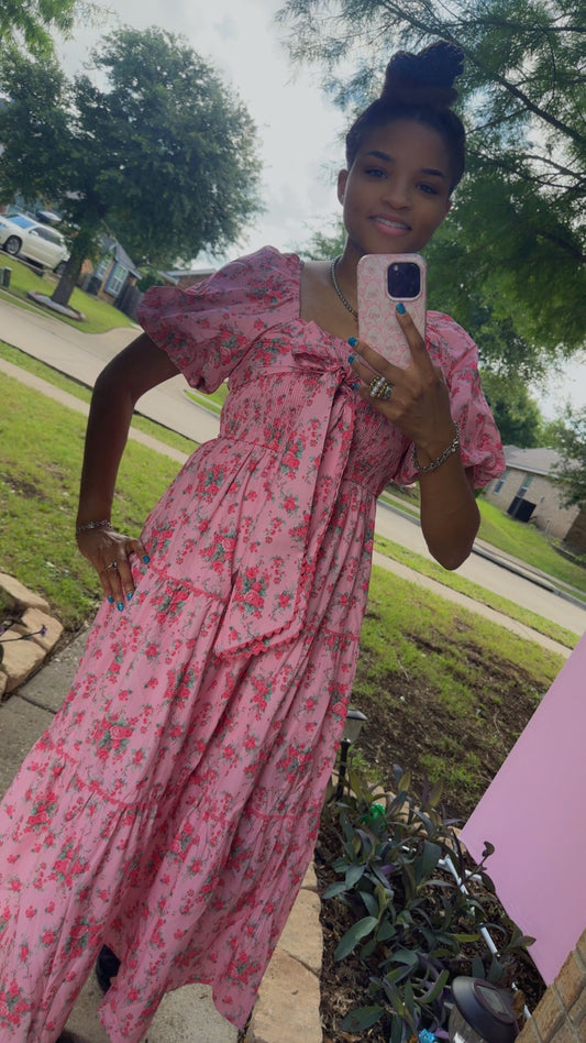 Pink Floral Printed Tiered Maxi Dress Front Bow Detail Bubble Sleeve
