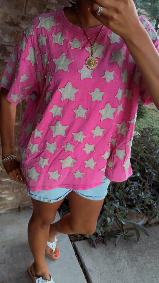 BlueVelvet Multi Size Star Patched Top in Hot Pink