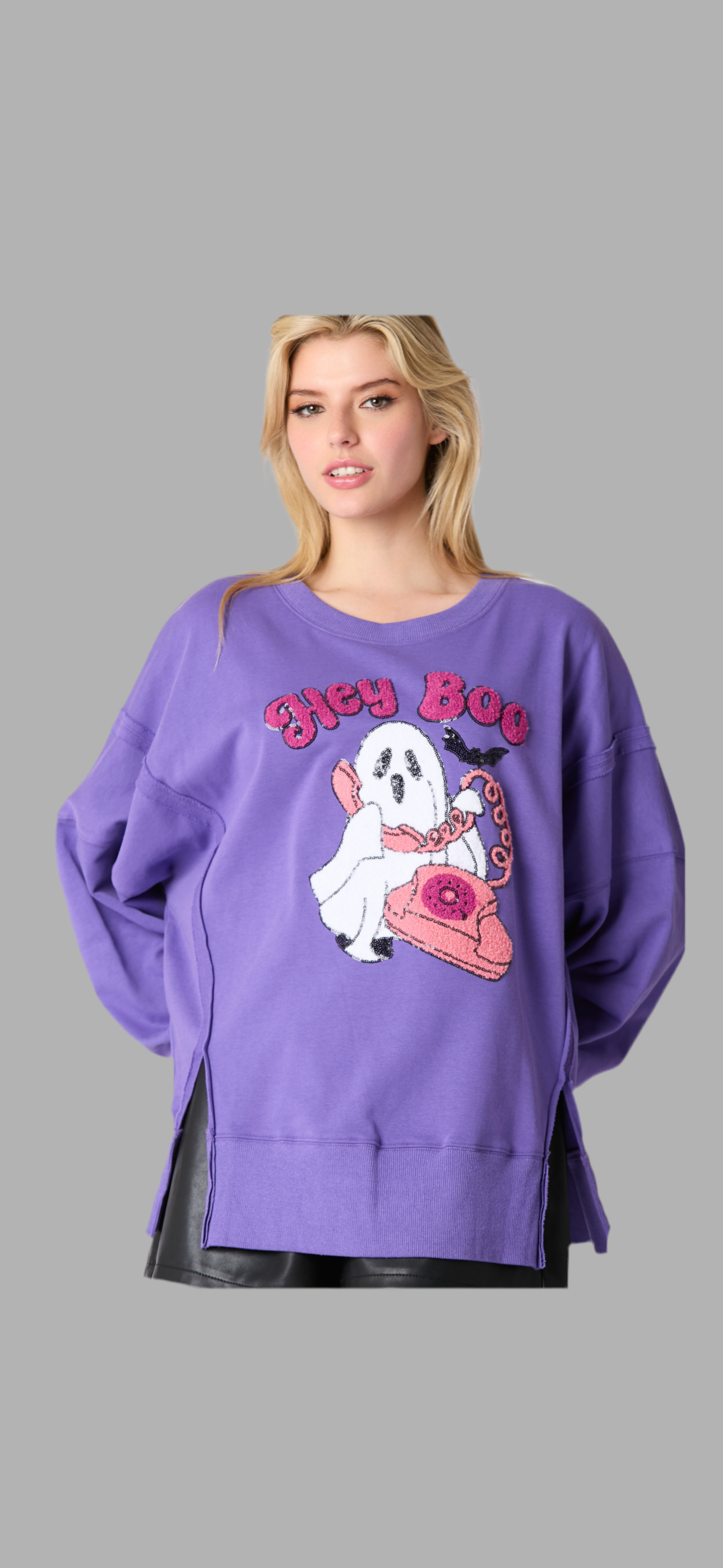 Hey Boo Towel & Sequins Embroidery Halloween Sweatshirt