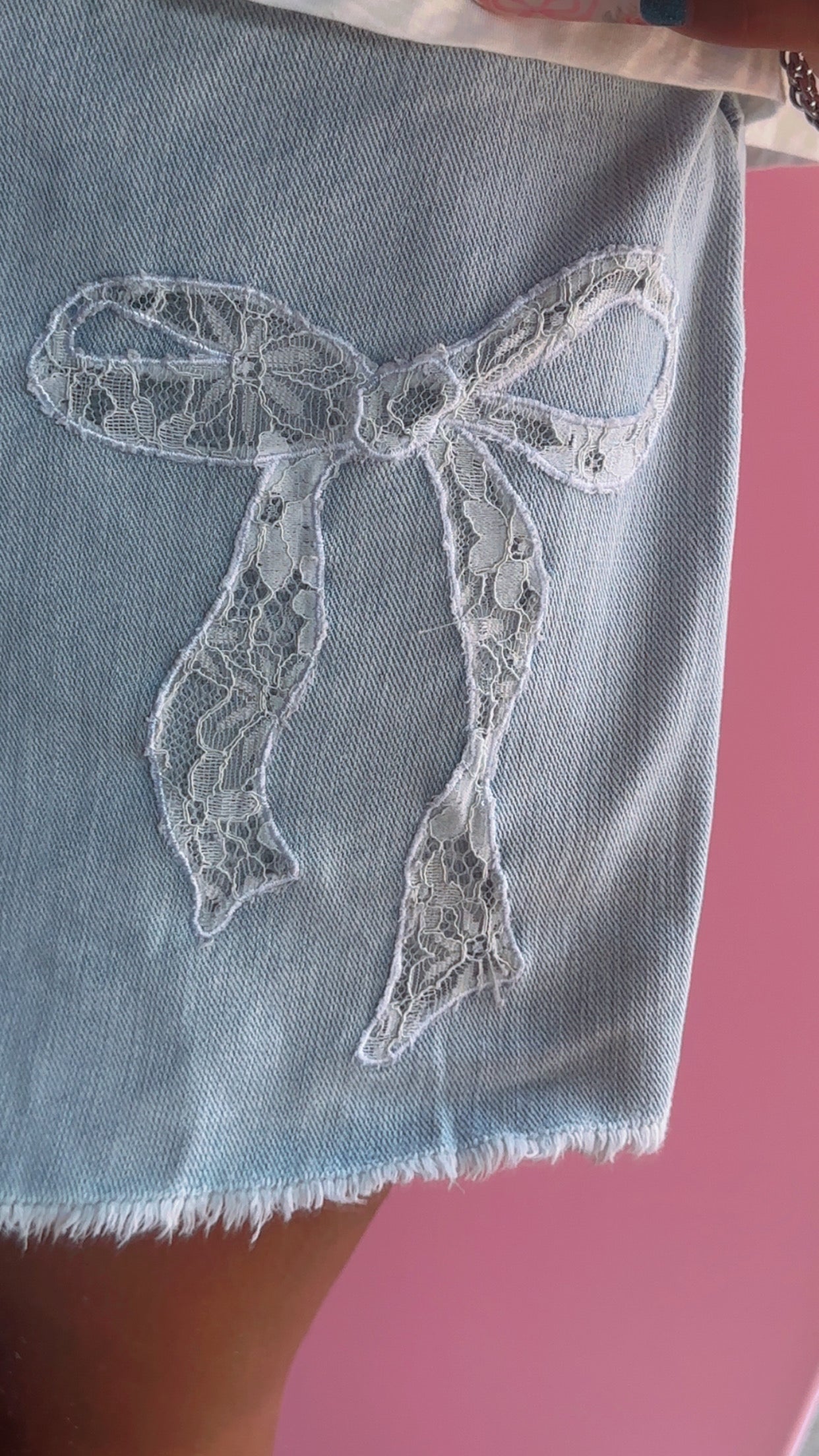 Washed Denim Bow Lace Motif Laser Cut Embroidery Detail Skort