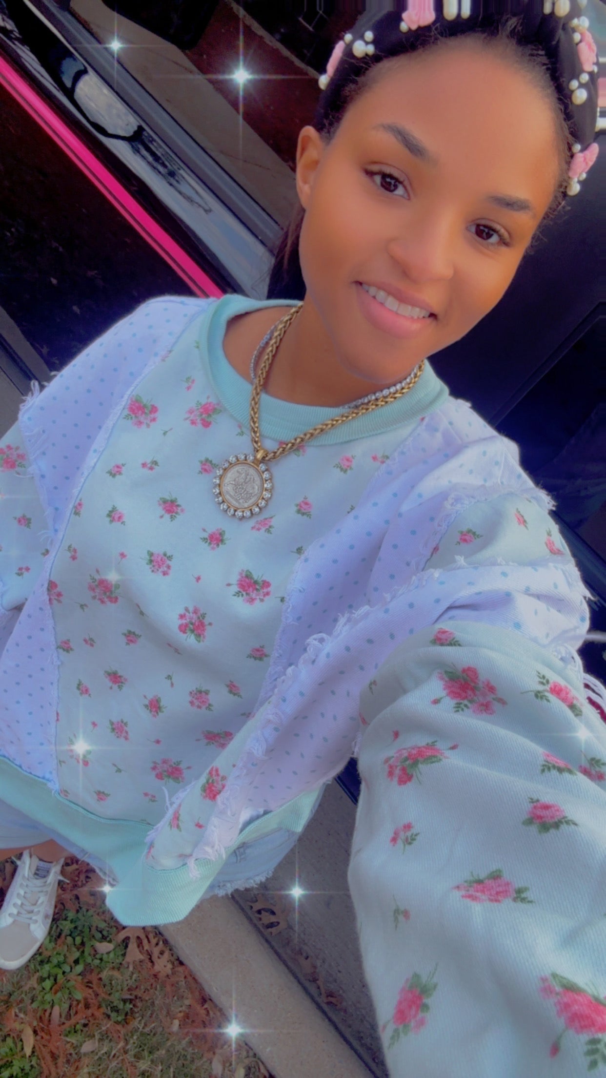 Pastel Ditsy Floral & Polka Dot Colorblock Batwing Sweatshirt