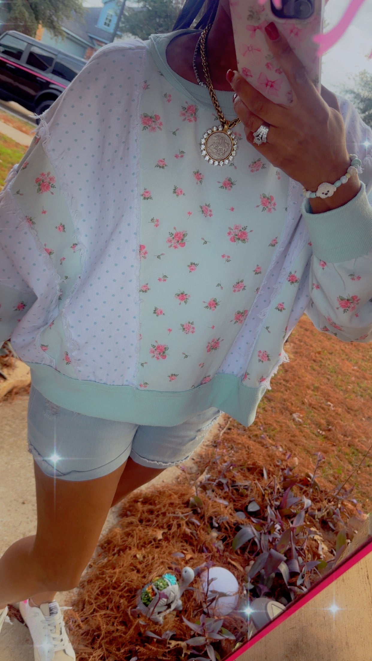 Pastel Ditsy Floral & Polka Dot Colorblock Batwing Sweatshirt