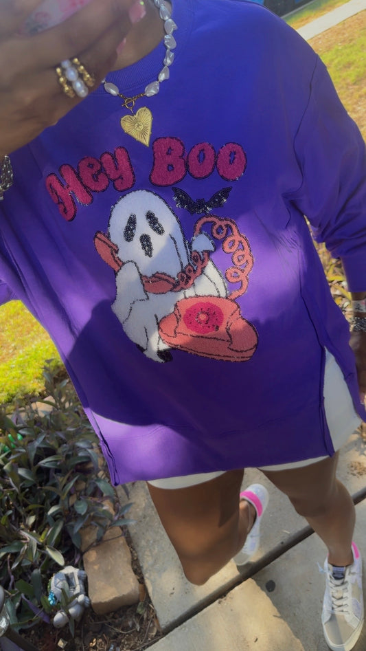 Hey Boo Towel & Sequins Embroidery Halloween Sweatshirt