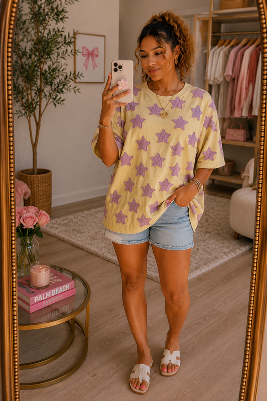 BlueVelvet Multi Size Star Patched Top in Taupe