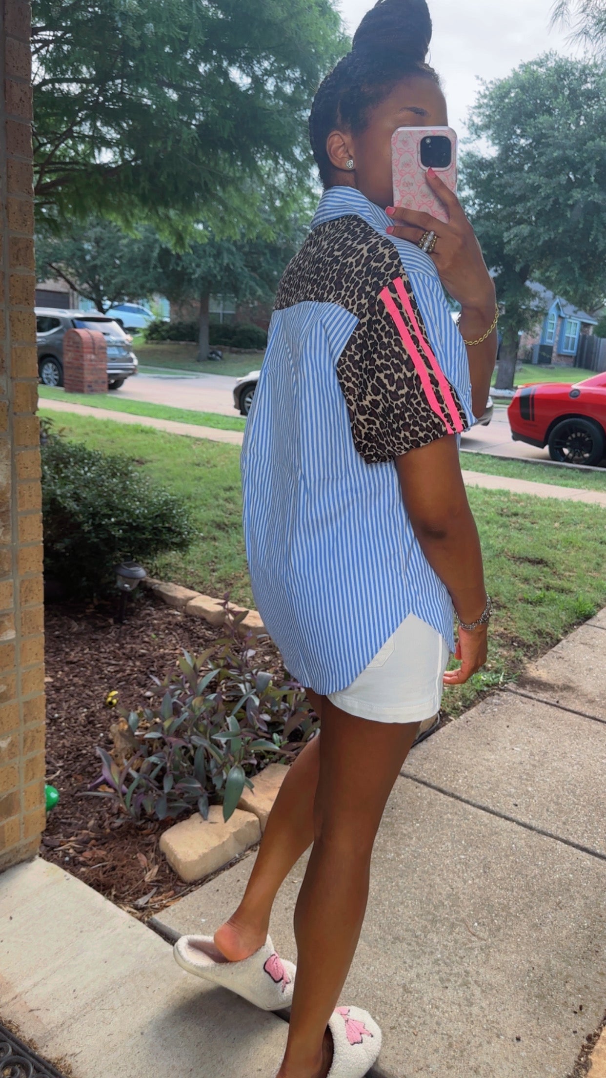 Striped Leopard Print Button Down Top