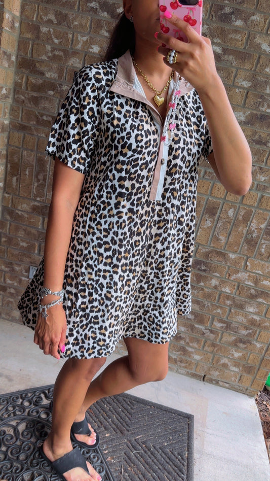 Leopard Print Short Sleeve Pullover Mini Dress