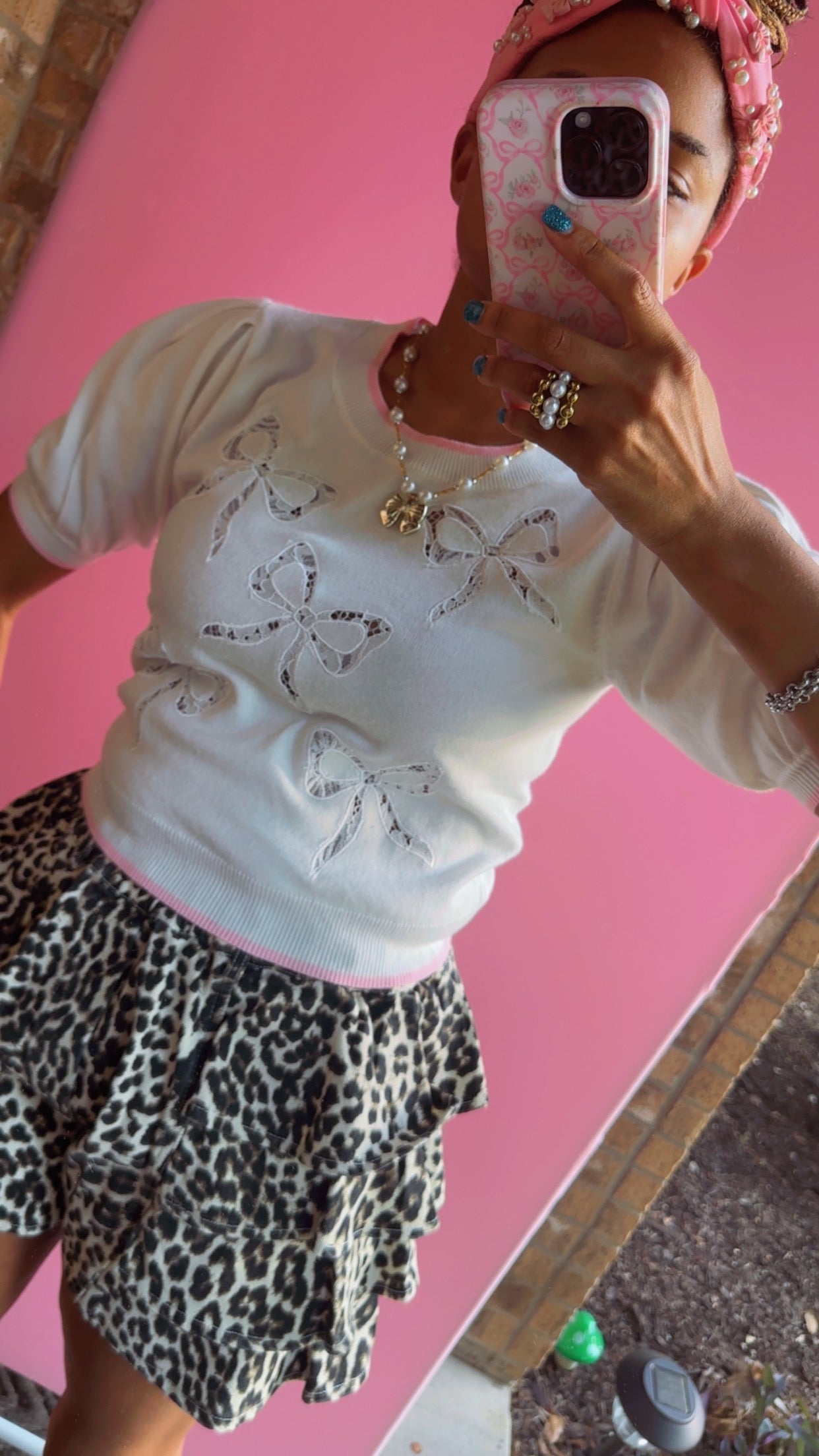 Bow Lace Laser Cut Embroidery Detail Short Sleeve Knit Top
