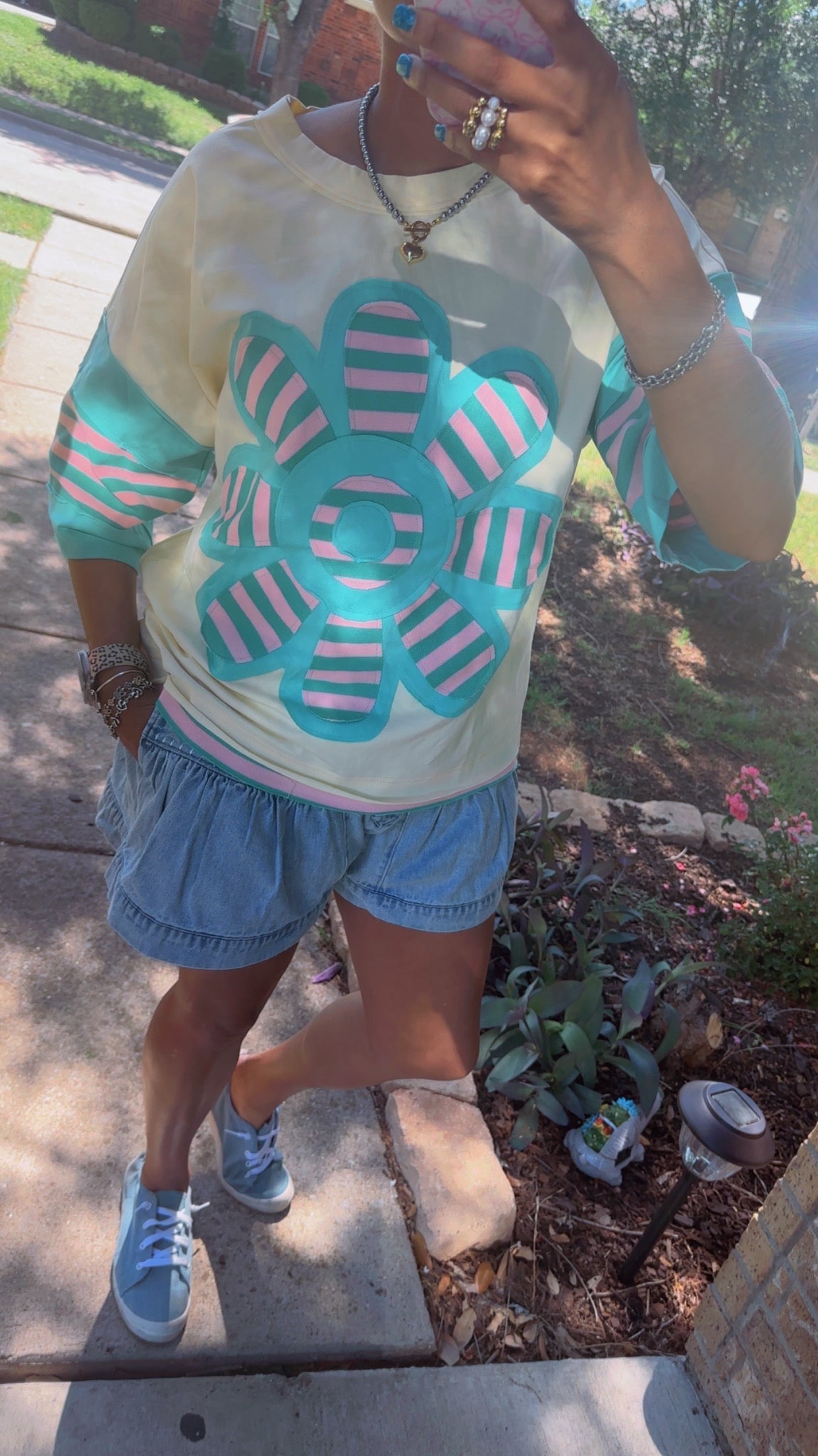 Colorblock Stripe Flower Patchwork Top