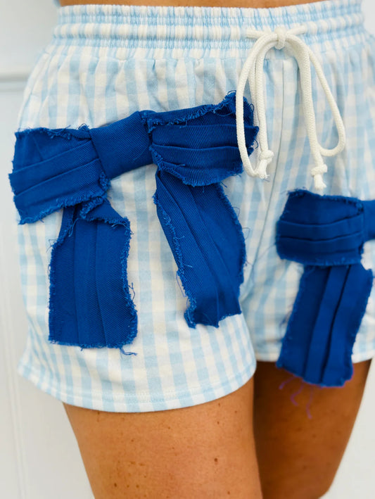 Blue Gingham Denim Frayed Bow Detail SHORTS ONLY