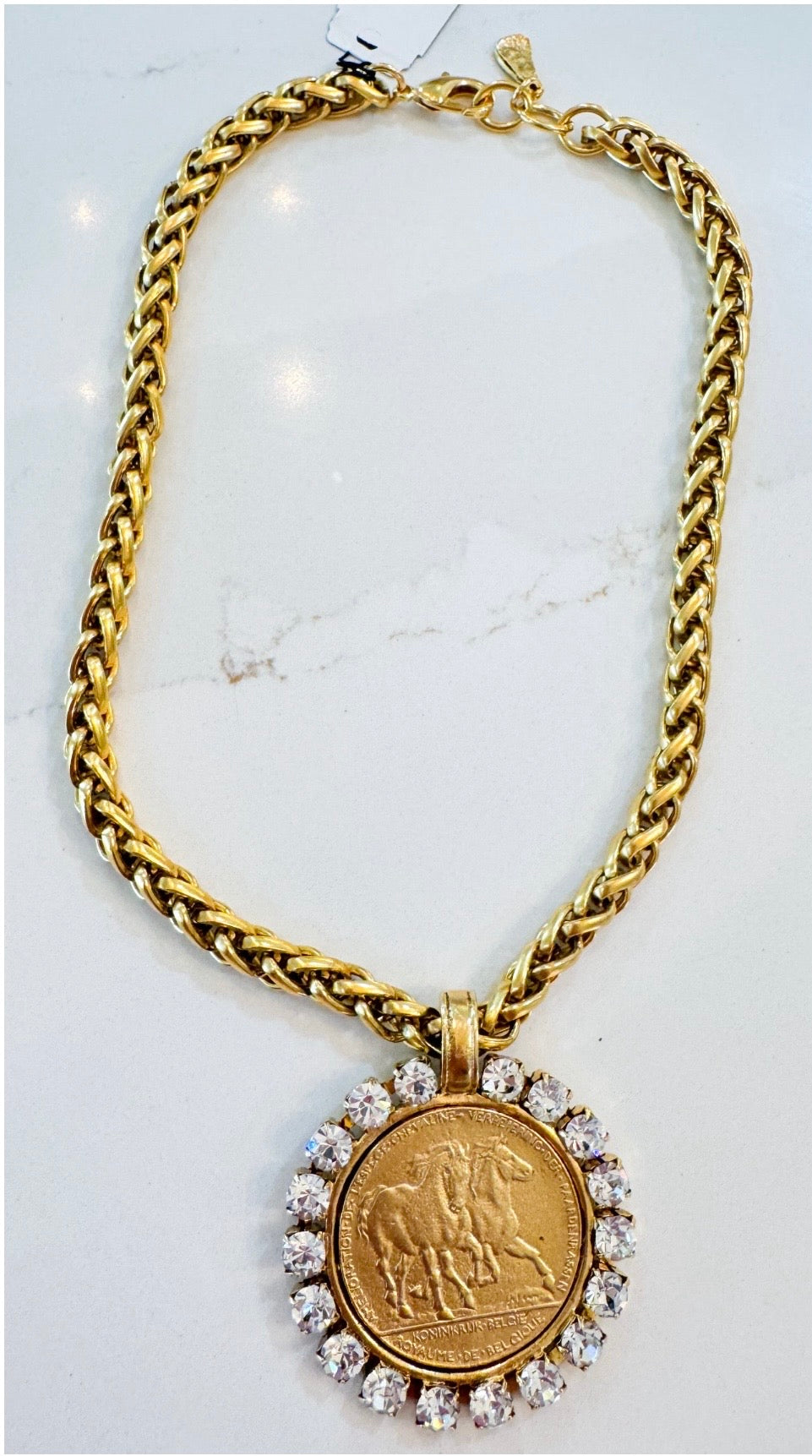 Gold Rhinestone Horse Coin Necklace Handmade 22K Gold Plated