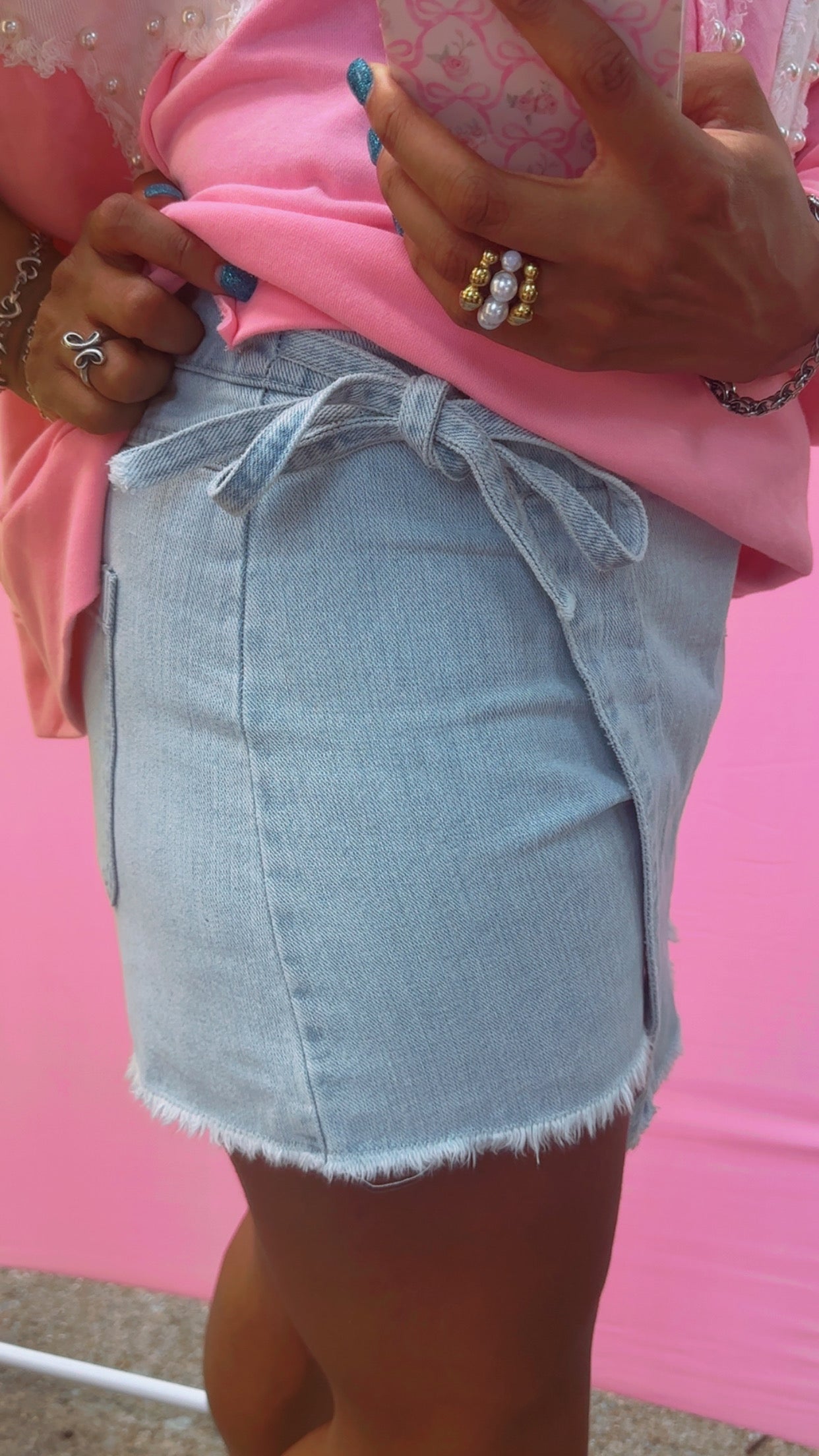 Washed Denim Bow Lace Motif Laser Cut Embroidery Detail Skort