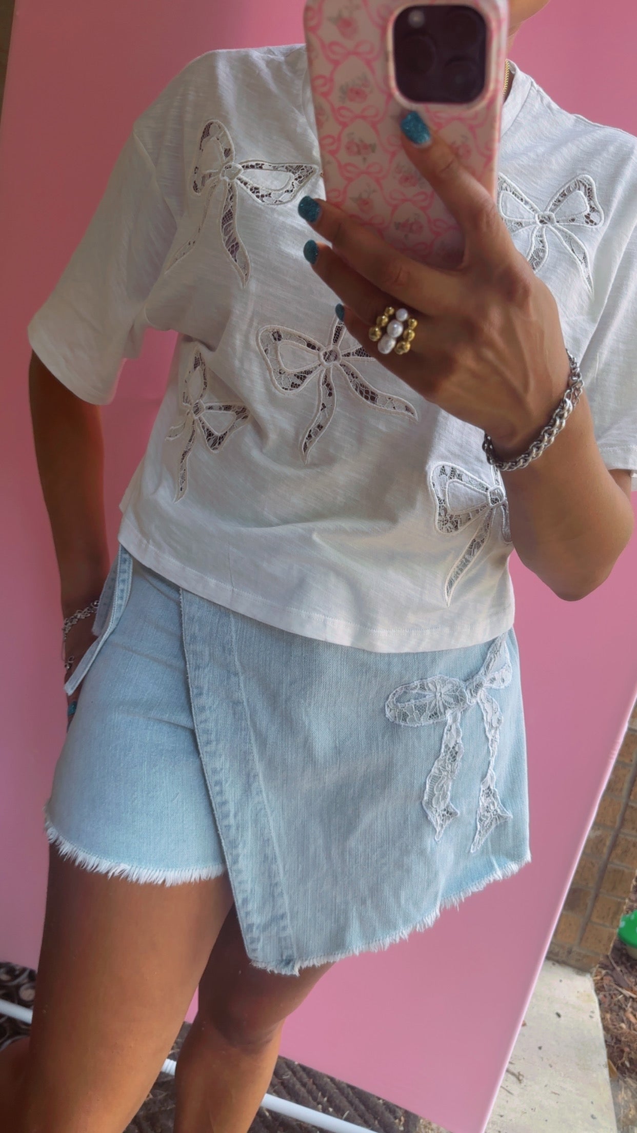 Washed Denim Bow Lace Motif Laser Cut Embroidery Detail Skort