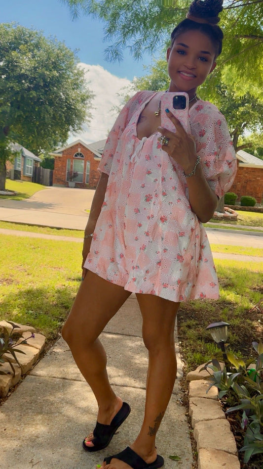 Light Pink Floral Gingham Eyelet Romper