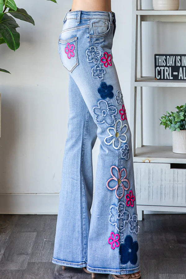 Washed Flower Embroidery Denim Pants