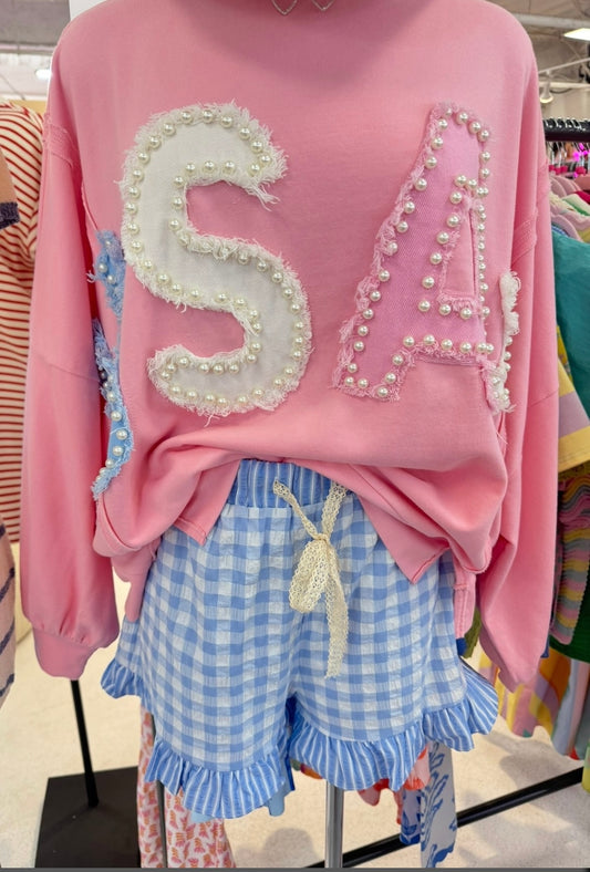 Pink USA Patch & Pearl Detail Pullover
