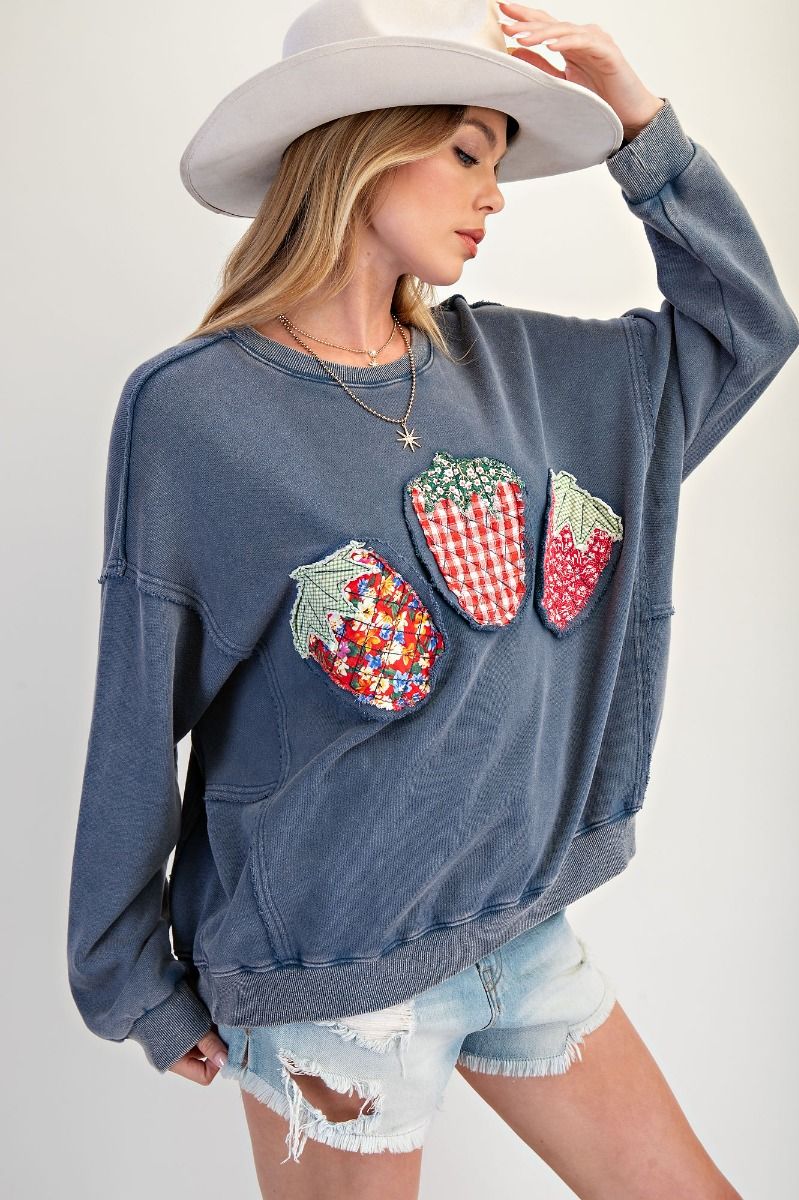 Fresh Pick Fruit Patch Pullover Top Strawberry Patchwork Sweatshirt