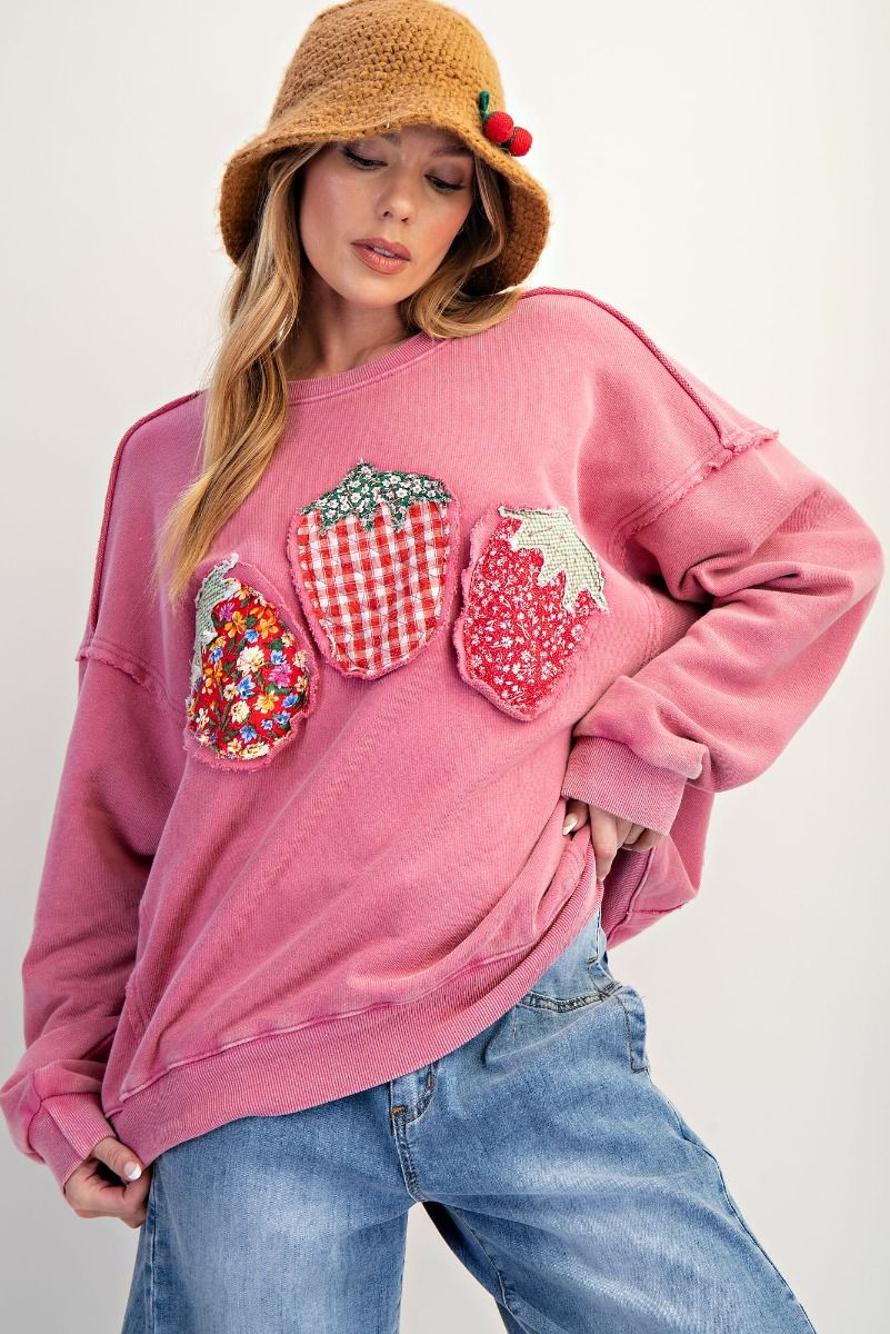 Fresh Pick Fruit Patch Pullover Top Strawberry Patchwork Sweatshirt