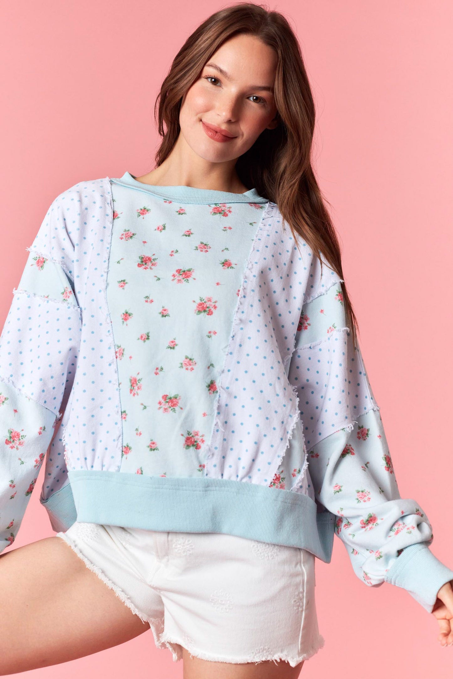 Pastel Ditsy Floral & Polka Dot Colorblock Batwing Sweatshirt