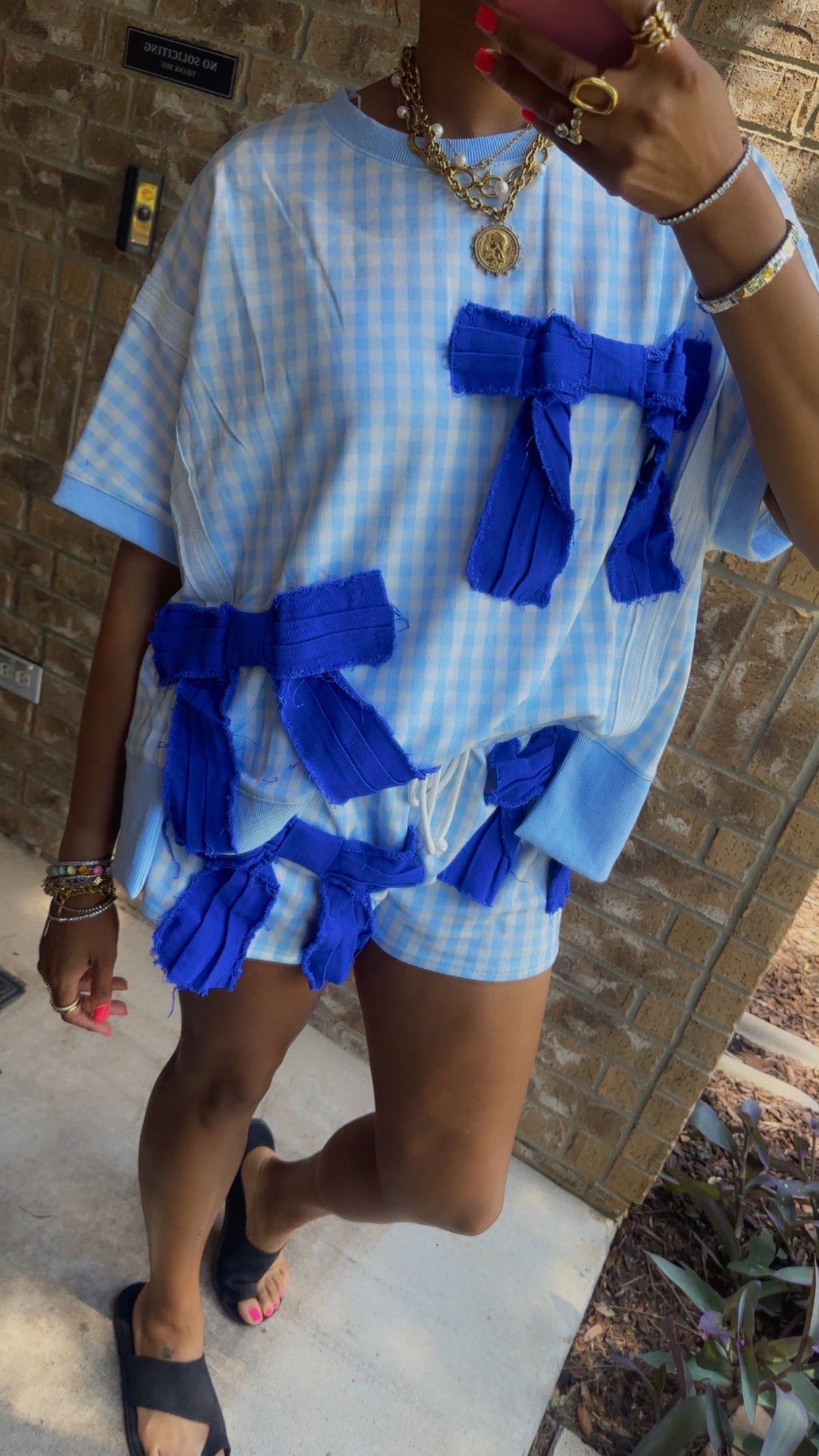 Blue Gingham Terry Denim Frayed Bow Detail TOP ONLY