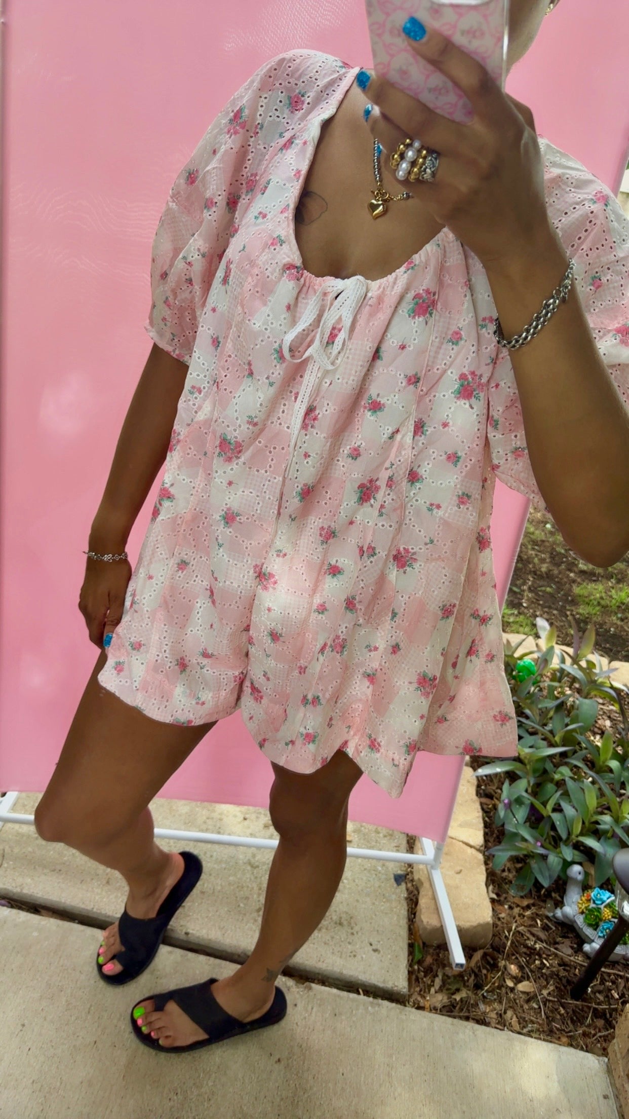 Light Pink Floral Gingham Eyelet Romper
