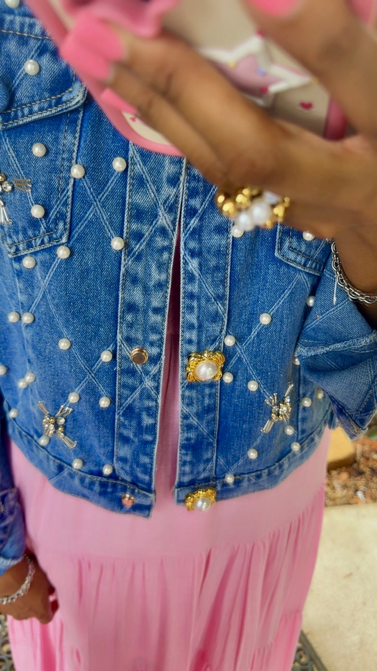 Pearl & Rhinestone Embellished Denim Jacket