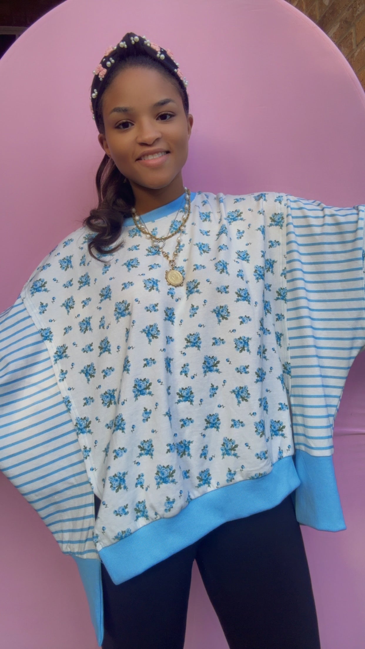 Blue Floral and Stripe Mixed French Terry Oversized Top – Pink Bow