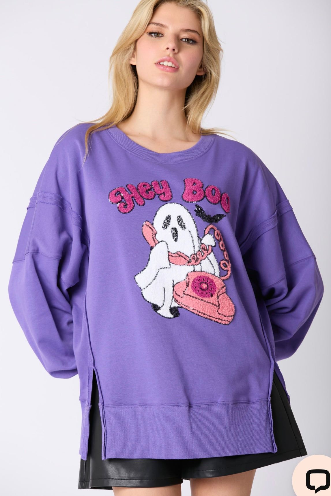 Hey Boo Towel & Sequins Embroidery Halloween Sweatshirt