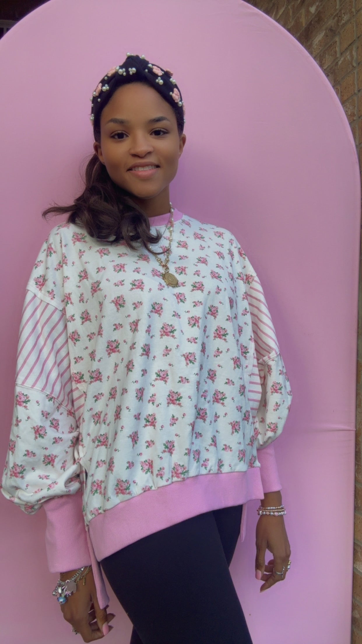 Pink Floral and Stripe Mixed French Terry Oversized Top Love Shack Fancy INSPIRED