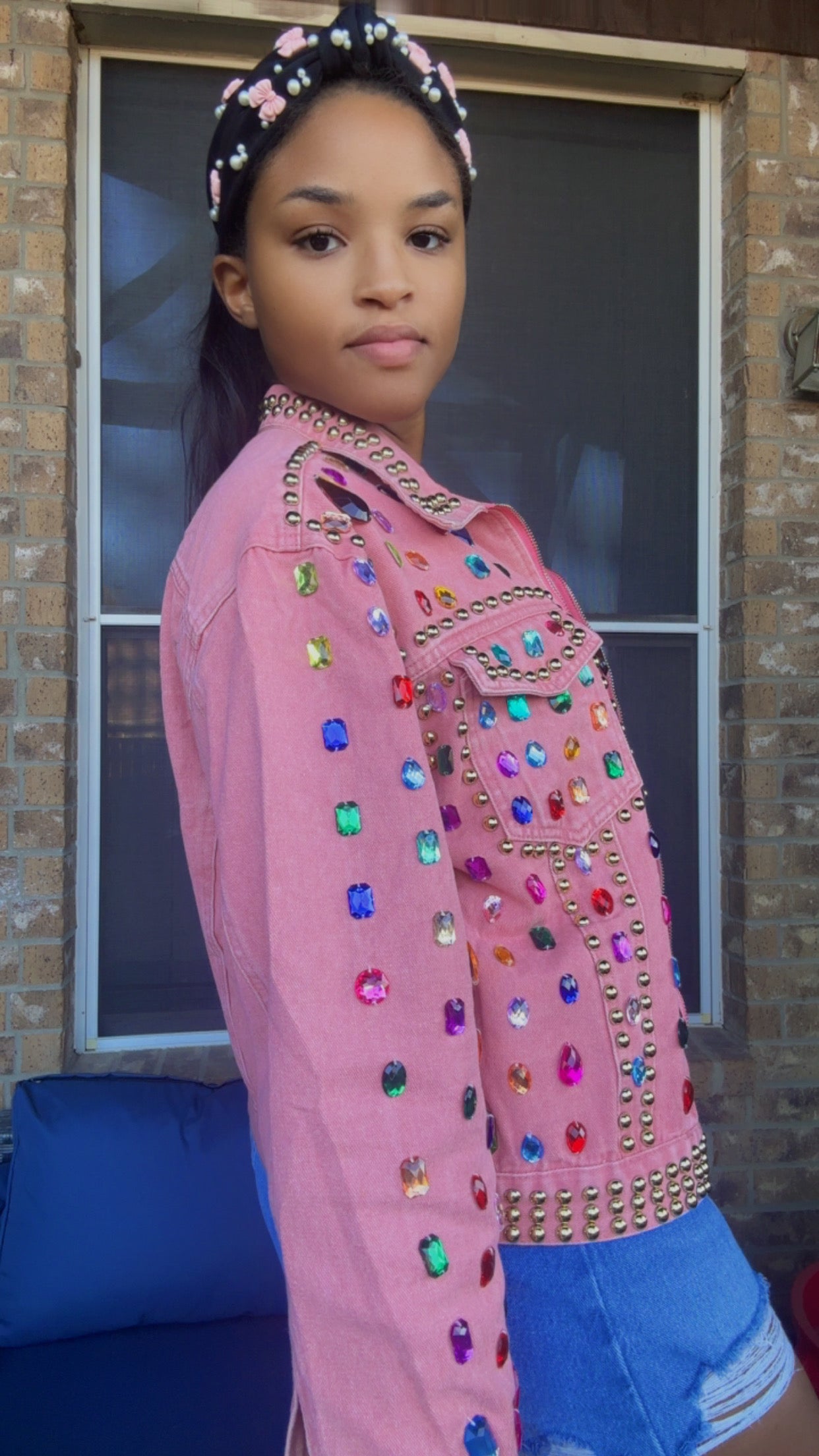 Pink Jeweled Mineral-Wash Denim Jacket